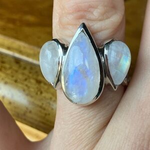 Natural Rainbow Moonstone Sterling Silver Ring Size 6.75